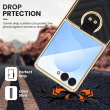 Fashionable Gold-Plated Ring Leather Phone Case With Phone Stand Function, Includes Tempered Glass Screen Protector, Compatible With Samsung Galaxy Z Flip 5/6/7 - Black - View 6