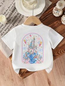 Disney Girls' T-Shirt, Creative Stitch Disney Castle Cartoon Double-Sided Print, Summer Girls' Cotton Crew Neck Short Sleeve, Suitable For Everyday Wear, Holidays, Outdoor Activities, And As A Gift For Children. - 白色 - 查看 5