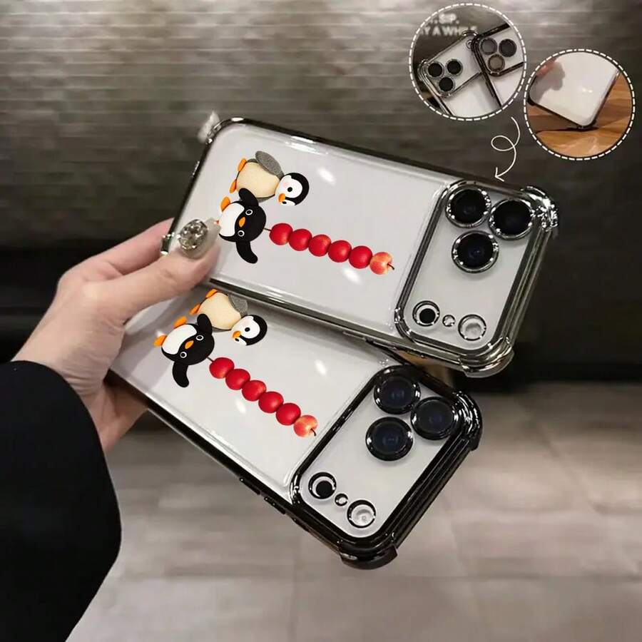 Cartoon-Style Penguin And Apple Stacked Phone Case, Drop-Proof And Protective Airbag, TPU Coated Frame, High-Transparency Material Showcasing Original Color. Compatible With  17, 16, 15, 14, 13, 12, 11 Plus, 17 Pro, 17 Pro Max, 17 Air, And Other  Series, As Well As  Pixel 8A And Pixel 10 Pro Series. A Great Gift For Friends, Loved Ones, Or Yourself. - Purple - View 1