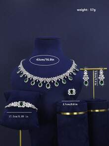5pcs Luxury Royal Style Geometric Tassel Design Bridal Wedding Jewelry Set, Handset White Cubic Zirconia, Including Necklace, Bracelet, Earrings, Ring, Suitable For Daily Wedding Wear, Wedding Anniversary Gift (Comes In Gold Gift Box) - Geometric Green Diamond Bridal Set - View 3