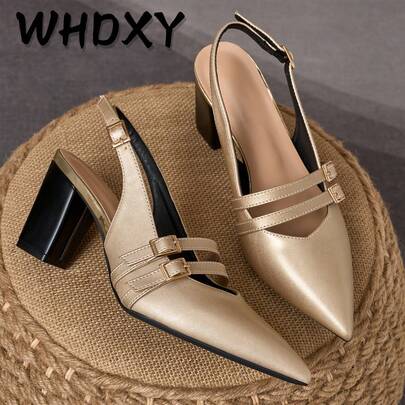 Elegant Gold Chunky Heel Pointed Toe High Heels, Women's Shoes With Metal Strap Design, Suitable For Work, Wedding, Party