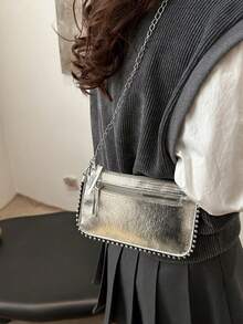 Crackle Patent Leather Envelope Bag, Women Fashion Charm Handbag, Beaded Shoulder/Crossbody Bag, Elegant Pearl Bag , New Year - Silver - View 4