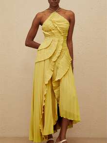 Women Ruffle Hem Pleated Sheer Mesh Long Maxi Dress Sleeveless Halter Neck Irregular Tiered Flowy Long Maxi Dresses For Wedding Guest Summer Holiday Beachwear - Màu vàng - Xem 5