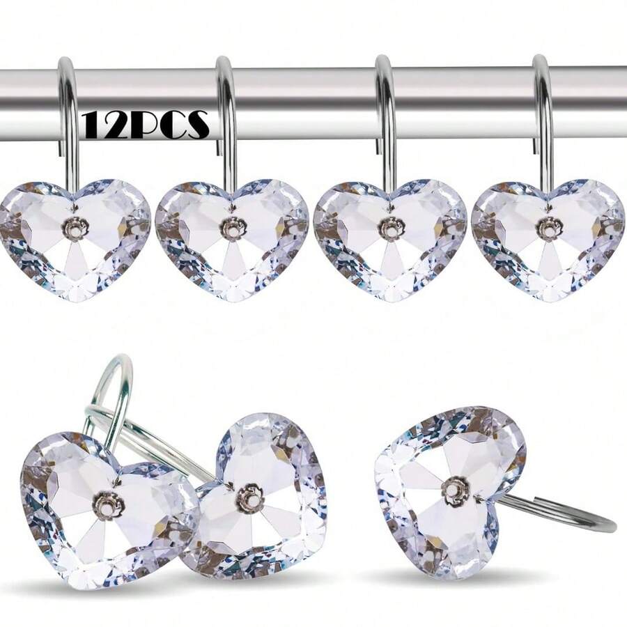12pcs Heart-Shaped Shower Curtain Hooks, Stainless Steel S-Type Curtain Rings, Curtain Hooks, Curtain Accessories, Valentine's Day Gift - Multicolor - View 1