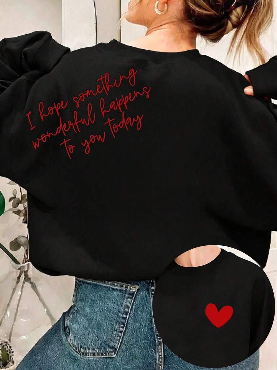 美好的一天，友善积极的字母图案可爱女式宽松圆领长袖休闲卫衣，秋冬款 - 黑色 - 查看 1