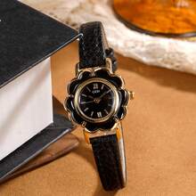 1 Stück Damen Rote modische blütenförmige kreative Nische hochwertige minimalistische exquisite Lederband Quarzuhr, geeignet für tägliche Dekoration