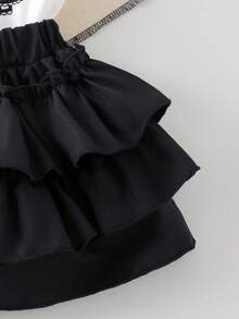 2件套女婴可爱公主风蝴蝶结印花短袖T恤休闲上衣和多层荷叶边蛋糕裙套装 - 黑色 - 查看 7