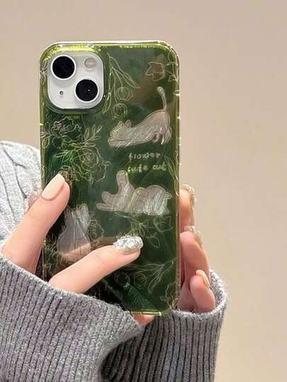 Cat 1pc Feather Chiffon Green Kitten Anti-Drop Full Coverage Phone Case Protective Cover Compatible With IPhone 11/12/13/14/15/16/17/Pro Max