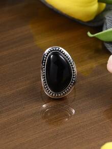 Cring Coco 一款锌合金女士戒指，椭圆形，复古经典，做旧时尚，波西米亚风派对婚礼黑色树脂奢华宫廷风格，在欧洲和法国流行，高端手工珠宝，适合日常佩戴、派对、度假、情人节、母亲节、生日礼物。 - 黑色 - 查看 11