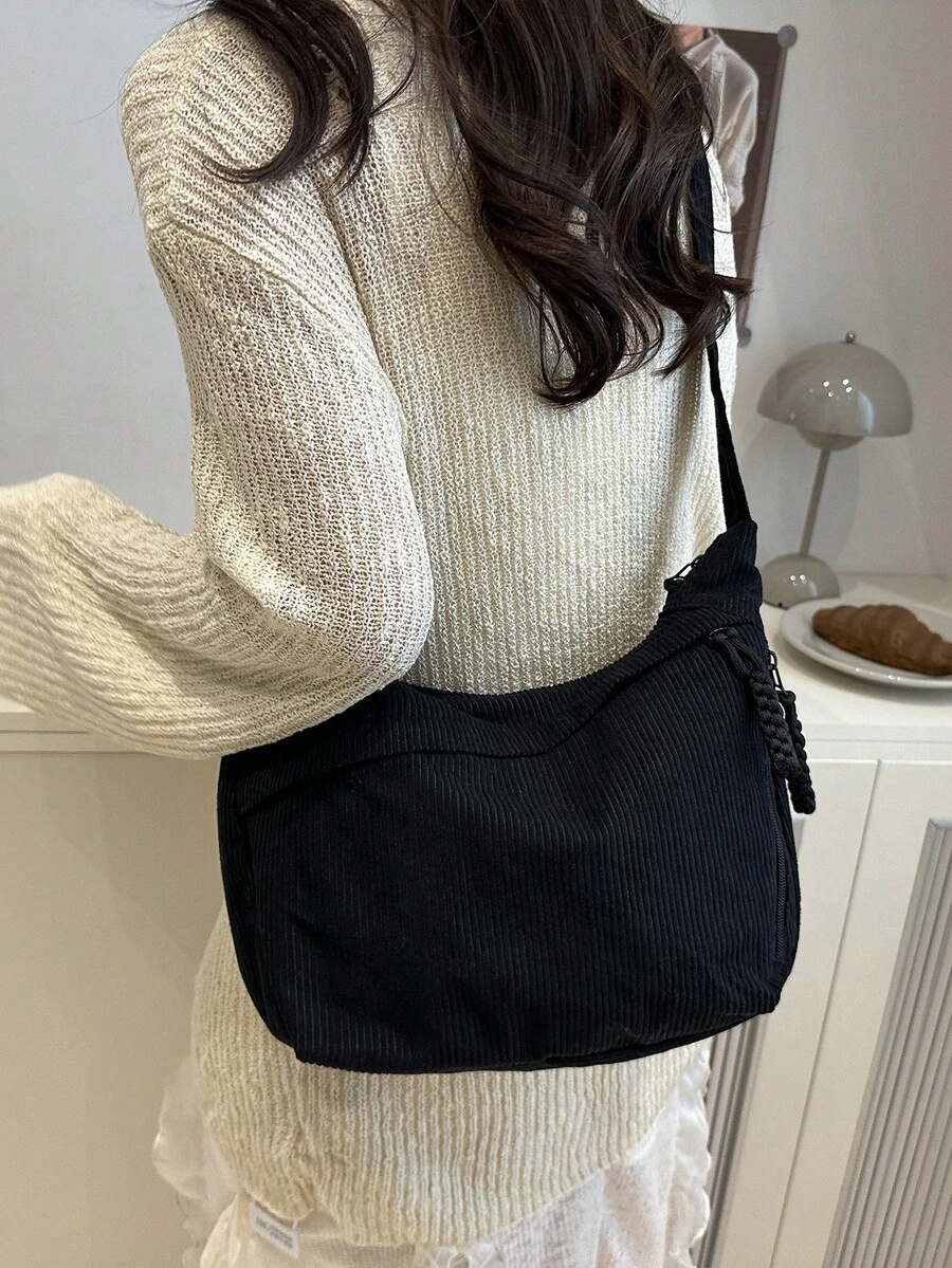 Fashionable Solid Color Nylon Waterproof Shoulder Bag, Casual Minimalist College Style, Wide Strap, Multiple Zipper Design, Suitable For Students, Commuting, Shopping, Daily Use