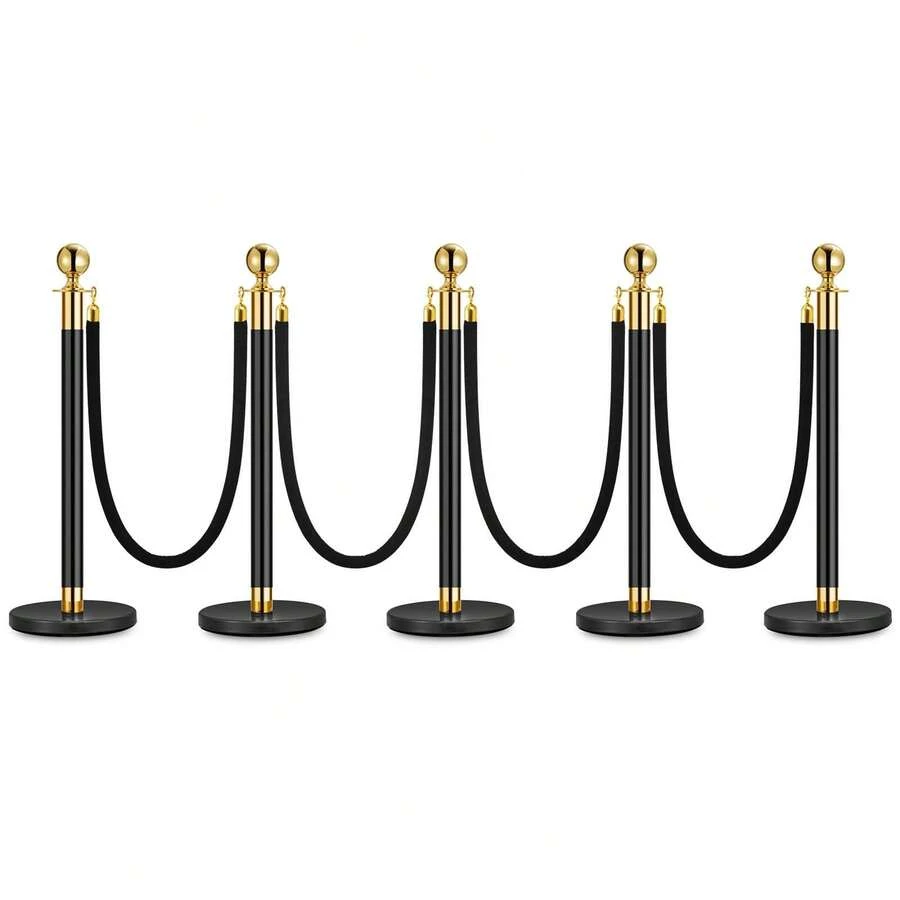 Techigher Stanchion Posts Queue With Black Velvet Rope, 5 Ft Black Carpet Ropes And Poles, Crowd Control Barriers Queue Line Rope, Barriers For Party Supplies - Black I 5 Pack I 4 Rope - View 1