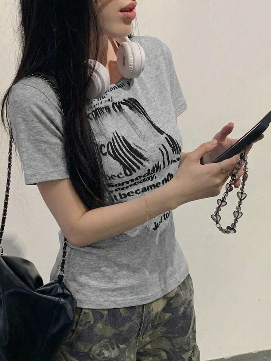 女士纯色韩版字母印花短袖修身休闲T恤 夏季 - 灰色 - 查看 1