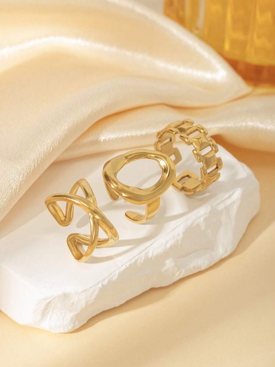 3pcs/Set Minimalist Open Ring Set In Gold Tone - Geometric Textured Jewelry, Suitable For Everyday/Casual Wear - Gold - View 1