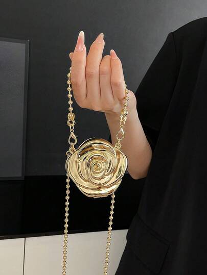 Damaftonväska, guldfärgad mini-läppstiftspåse, modeaccessoarväska, myntväska, hörlursfodral, axelväska med blommig kedja, lämplig för gala, fest, bröllop, cocktail, bal, födelsedagspresent, alla hjärtans dag-present