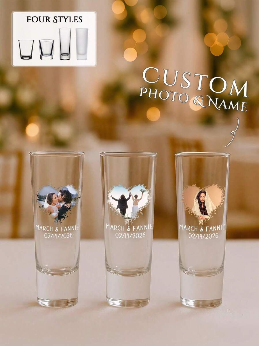 1pc/12pcs Personalized Wedding Shot Glass, 2oz Glass Material, Customizable With Photo And Name | Suitable As Bridesmaid Gift, Valentine's Day Gift, Wedding Decor, Birthday Party Gift, 18th Birthday Gift, Unique Birthday Gift, Photo Souvenir, Fun Birthday Gift, Men's Gift, Shot Glass With Face Pattern, Shot Glass With Photo, Customized Birthday Shot Glass, Personalized Gift And Groomsman Gift ,Forever Love, Wedding Favors - Cốc cao - Xem 1