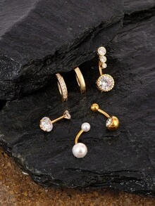 Opalesca 6 pièces Ensemble de piercings nombril courts en acier inoxydable classique avec zircone cubique incrustée brillante, bijoux de piercing de nombril mignon décoré de fausses perles pour femme pour un usage quotidien - Style court classique - Voir 2