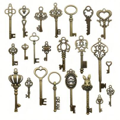 46pcs Vintage Key Pendant Set, Mixed Antique Bronze Style Charms, For DIY Jewelry Making
