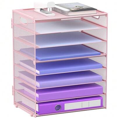 8 Tier Paper Letter Tray Organizer With Handles, Mesh Desk File Holder Storage Organization For Home Schoolsss Classroom & Office (Pink)