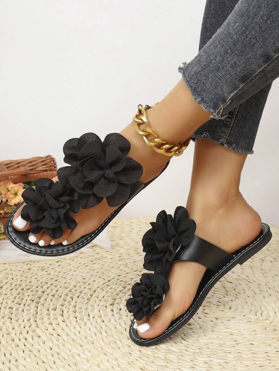 Dép xỏ ngón thời trang nữ với họa tiết in ngẫu nhiên chủ đề đám cưới bãi biển. - màu đen - Xem 1