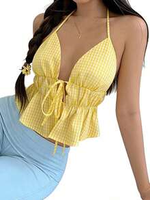 Women's Halter Neck Tops Sleeveless Open Back Plaid Print Slim Fit Ruffle Cami Tops Summer Shirts - Yellow - View 5
