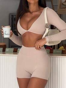 Women's New Minimalist Fitted Yoga Versatile Solid Deep V-Neck Long Sleeve Cropped Top And High Waist Shorts 2 Pieces Set Spring - Apricot - View 3