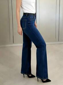High Waist Elegant Stretch Wide Leg Jeans For Women, Casual Versatile Flared Long Pants, All Season - Dark Wash - View 3