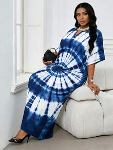 女士V领印花休闲宽松连衣裙，适合斋月、毕业季、返校派对、约会和日常穿着等各种场合。 - 淺藍色 - 查看 5