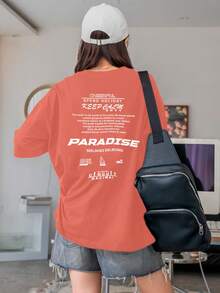 Women's Oversized Printed T-Shirt - Cheerful Paradise Phrase - Loose, Casual, Stylish, Modern, And Cool Blouse - 珊瑚粉 - 查看 4