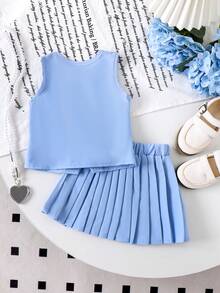 2件套女婴休闲简约3D蓝色花朵上衣和百褶裙套装，夏季 - 淺藍色 - 查看 3