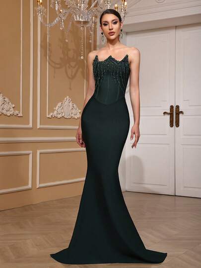  Girsdy Olive Green Spring/Summer Elegant Knit Strapless High-End Formal Dress, Handcrafted Beaded & Rhinestone Embellished, Bodycon Sexy Backless Mermaid Maxi Dress For Gala, Prom, Graduation Party Wedding