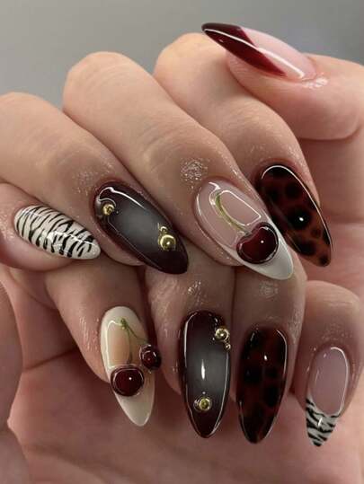 24 Long Nails Brown Nails Black And White 3D Cherry French Red Almond Nails + 1 Piece Of Jelly Glue + 1 Frosted Strip Nail Supplies