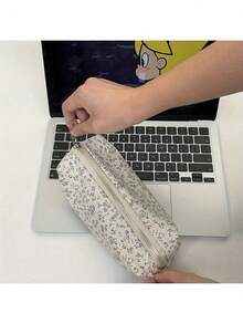 Floral Canvas Pencil, Durable Multi-Functional Storage Bag Pens, Cosmetics, Stationery Accessories, Desk Accessories, Pen Holder. - 紫色鉛筆盒 - 查看 4