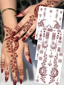 3张月亮花朵图案棕红色指甲花临时纹身贴纸 - Manhaiti Design 防水纹身贴纸，适用于手、手指、脚，棕红色水转印人体彩绘，适合派对和节日人体彩绘 - 棕色 - 查看 8