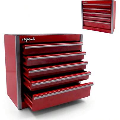 MayRecords Caja de herramientas portátil roja de metal mini con 5 cajones y almacenamiento superior, organizadores y almacenamiento de herramientas portátiles, bricolaje para el hogar