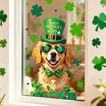 1 pieza Calcomanía de ventana con Golden Retriever del Día de San Patricio con sombrero verde divertido, gafas y texto de bienvenida, pegatina de vidrio con estática, removible, impermeable, reutilizable, decoración de PVC para sala de estar, tienda, ventana, fiesta del Día de San Patricio, decoración del hogar de temporada