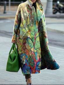 HERTALK New Women's Collection: Multi-Color Patchwork Plaid Long-Sleeve Collared Jacket With Printed Wool Coat - 綠色 - 查看 3