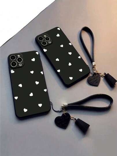 1个带穿孔边缘爱心图案的加厚防震保护手机壳，配有可拆卸的新款皮革爱心腕带，可DIY手机壳挂件，短款腕带配件，兼容 15 Pro Max、13、16 Pro Max、14、11、12、XS、XR、7/8、7/8 Plus、SE 2、13 Pro、12 Pro、17、17 Pro Max、Air