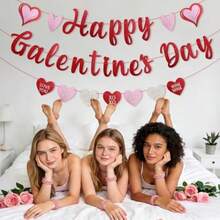 Happy Galentine's Day Banner Pre-Strung Glitter Galentines Day Decorations With Red Pink Heart Banner Garland Tic Ladies Happy Valentine S Day Party Decorations Supplies Friendship Decor - 紅色 - 查看 7
