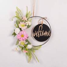 1 pieza Corona floral artificial, corona de aro floral de primavera/verano, corona circular de hierro con flores y hojas artificiales, decoración de bienvenida para pared, puerta, ventana, decoración del hogar, adorno colgante para boda - Multicolor - Ver 53