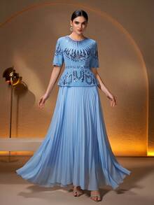 Elegant 2 In 1 Dress, Embellished With Pearls, Sequins And Embroidery, Suitable For Banquet, Party, Holiday And Other Occasions - Sky Blue - View 5