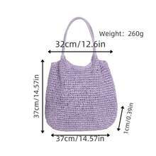时尚草编手提包，大容量沙滩包，时尚女士手提包，夏季单肩包 - 卡其色 - 查看 7