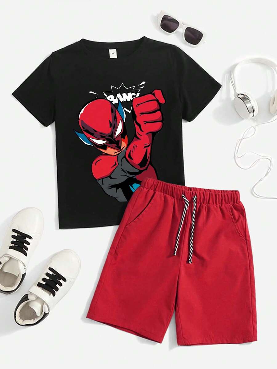 2pcs/Set Toddler Boys' Cartoon Print Short Sleeve T-Shirt And Shorts Set - Red - View 1