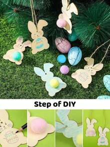 20pcs Unfinished Wooden Easter Bunny Silhouette Shapes With Colorful Pom Poms, Hanging Ornaments, Bunny Shape Craft Tags, Wooden Pendants, DIY Decorations, Wooden Shavings Bunny Paper Cutting Easter Wooden Craft - Multicolor - View 6