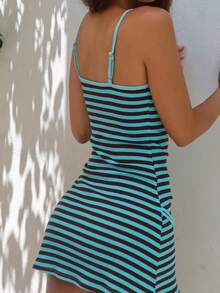 Women's Striped Belted Mini Dress, Ribbed Knit Spaghetti Strap Sleeveless A-Line Dress, A Short Dress Suitable For Going Out, Y2K Style Vacation, Commute, And Everyday Dress. - Màu xanh lam - Xem 2
