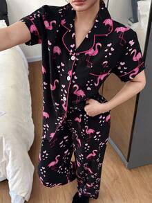 Dreamivo 情人节女士火烈鸟印花短袖上衣和蝴蝶结长裤睡衣套装，2件套，女士家居睡衣，适合所有季节 - 黑色 - 查看 4