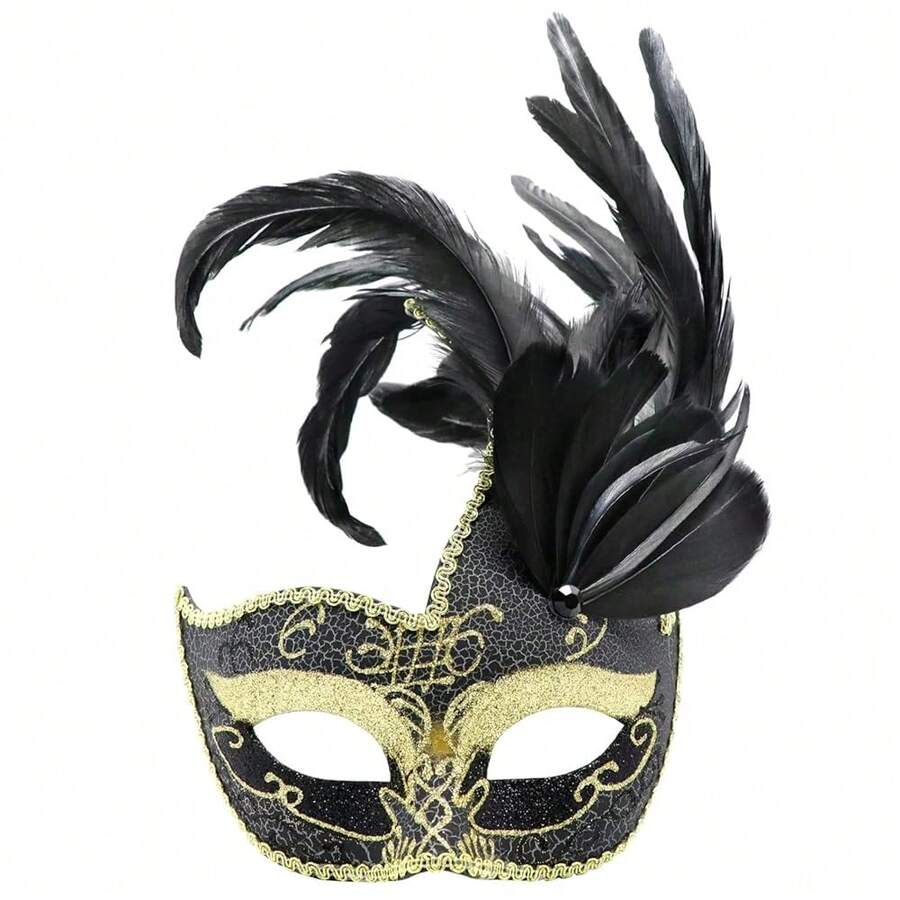 Coddsmz Women Feather Masquerade Mask Venetian Party Mask Mardi Gras Masks Princess Fancy Dress Mask Halloween Costume Mask - Black - 查看 1