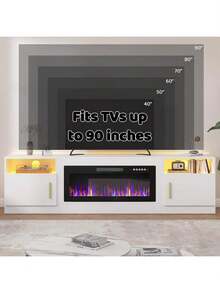 80 Inch Fireplace TV Stand Entertainment Center With 36" Fireplace, 70" Wooden TV Stand For TVs Up To 90", Media TV Console With High Gloss Storage Cabinet And 16 Colors LED Lights - 查看 7