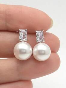 1 Đôi bông tai hình giọt nước thanh lịch đính đá Cubic Zirconia và ngọc trai giả, thích hợp làm quà tặng cho nữ nhân dịp Lễ Tình nhân, đám cưới, lễ đính hôn, kỷ niệm, tiệc tùng, quà tặng cho mẹ, Ngày của Mẹ. - Bạc - Xem 10