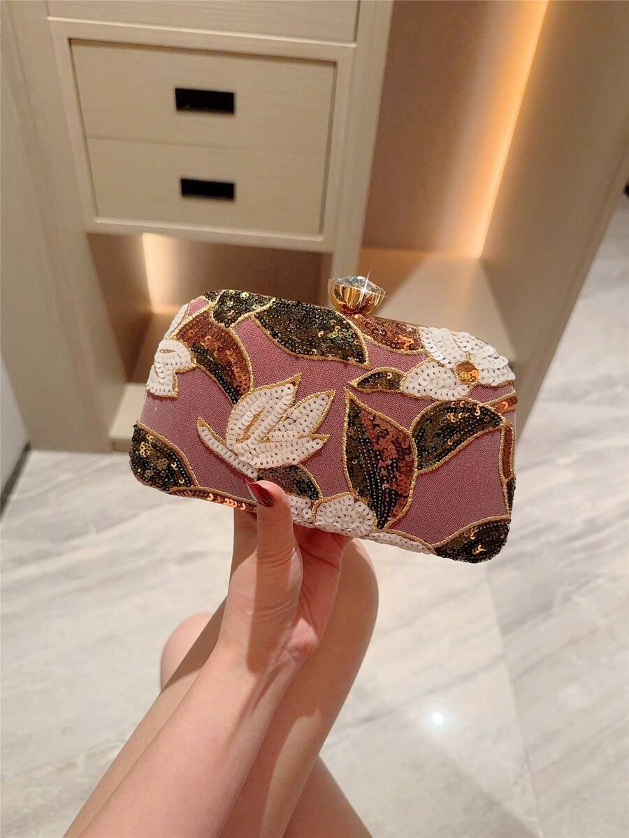 月光之夜包,多色花卉斜挎包,时尚复古链条手拿包,迷你方形盒包,适合派对女孩、新娘、大学生、年轻职业人士,百搭派对、舞会、婚礼等场合,完美搭配派对配饰,图案随机发送 - 酒紅色 - 查看 1