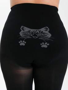 1双大码加厚春秋季紧身女裤，200D尼龙高密度不透明瑜伽底袜，提臀设计，大屁股，猫头图案，提花袜脚，猫爪，防滑，时尚性感女式连裤袜 - 黑色 - 查看 3